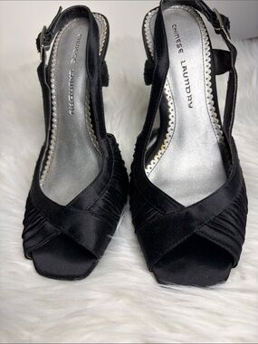 Chinese Laundry Black Satin Peep Toe Slingback Heels Size 8